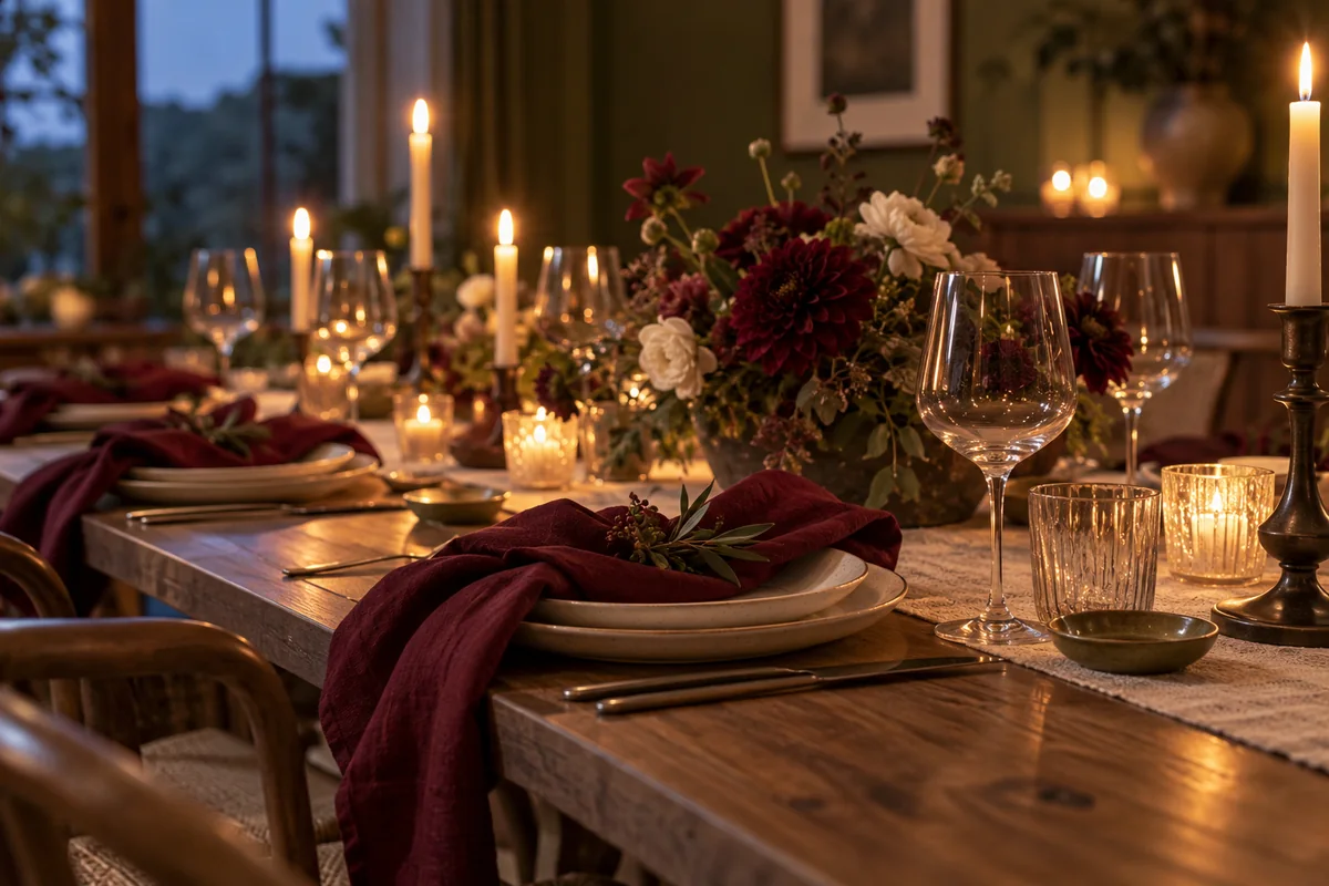 Evening table inspiration with burgundy linen, glassware and warm candlelight
