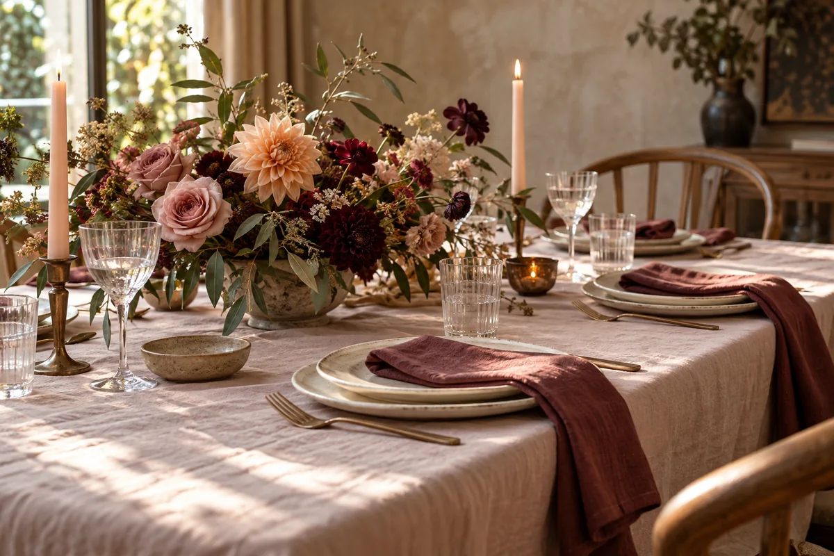 Colourful celebration table inspiration with flowers and individually arranged place settings