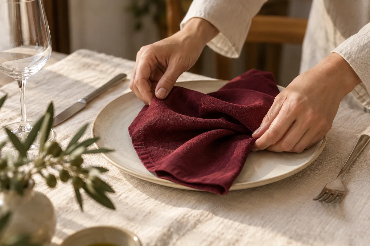 Hands folding a burgundy linen napkin over a ceramic place setting