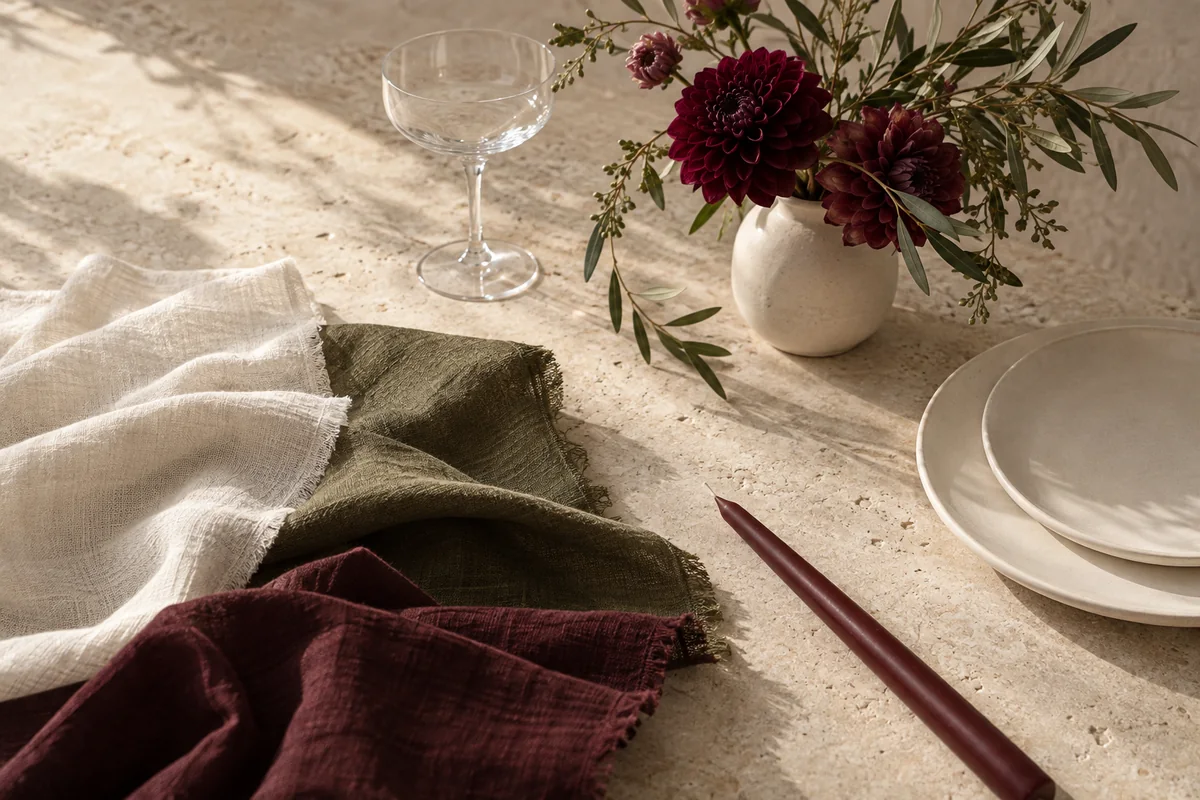 Linen samples, ceramic plates, a glass and flowers arranged as a styling moodboard