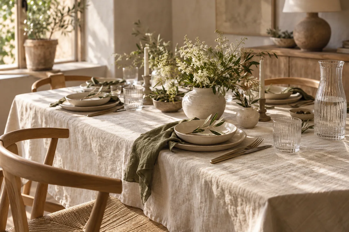 Table inspiration with linen, ceramic plates and green foliage in natural daylight